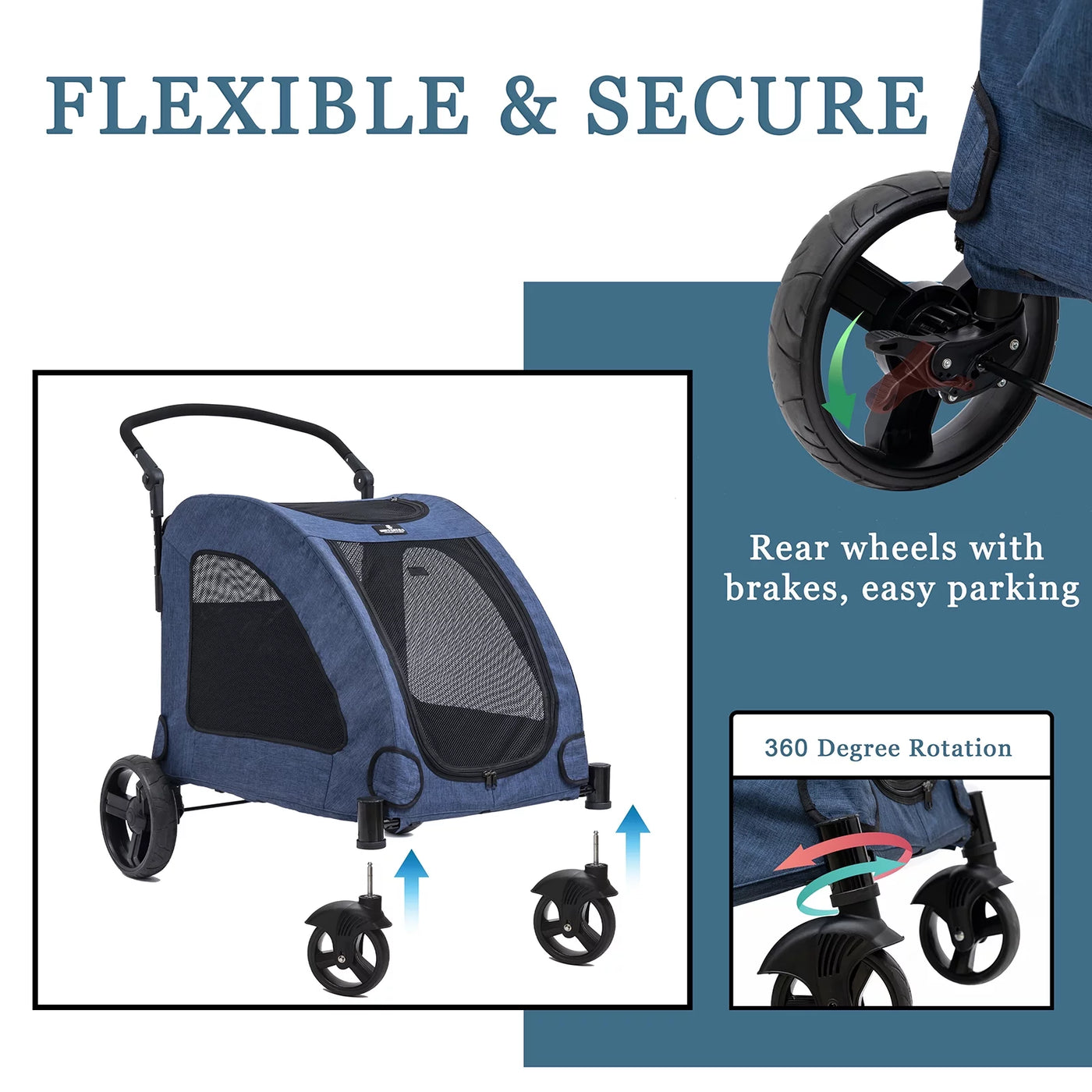 Tikysky 4 Wheel Pet Stroller for Dog and Cat ,Light Foldable,Breathable Mesh Windows,Blue