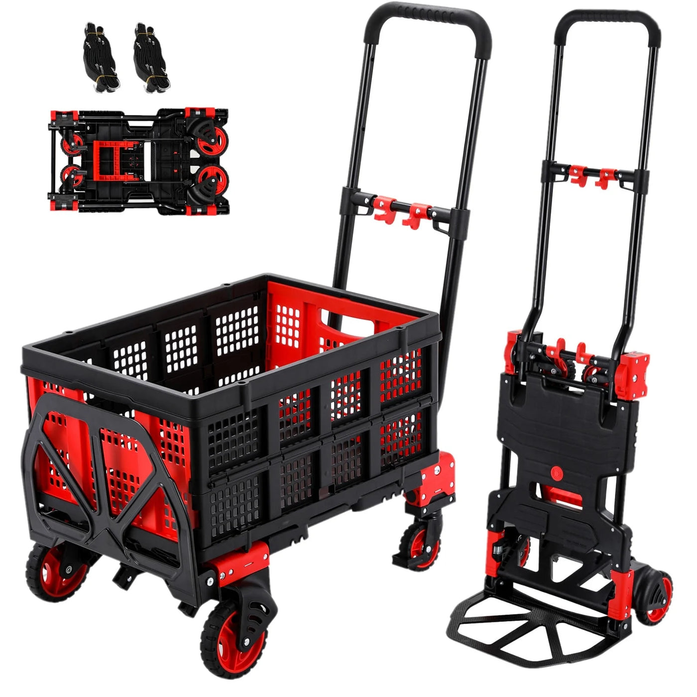 LAZY BUDDY Folding Hand Truck Dolly, 2-in-1 Heavy-duty Platform Cart with 22" Folding Basket, Collapsible Utility Luggage Dolly Cart, Red, 330LBS