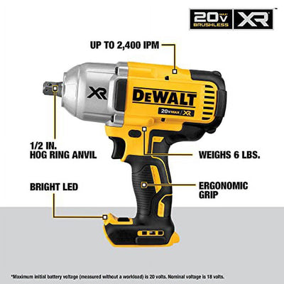 DEWALT 20V MAX XR 1/2" High Torque Impact Wrench, Cordless, Detent Anvil, Tool Only (DCF899B)