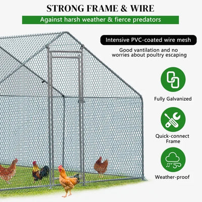 Al Fresco 10 x 10 ft Large Metal Chicken Run, Walk-in Poultry Cage, Spire-Shaped Chicken Coop with Waterproof and Anti-Ultraviolet Cover for Hen House, Duck and Rabbit, Silver