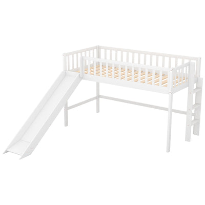 :Low Loft Bed with Slide and Ladder, Twin Size, White - Fun Slide, Space-Saving Design, Perfect for Kids