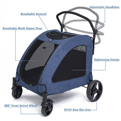 Tikysky 4 Wheel Pet Stroller for Dog and Cat ,Light Foldable,Breathable Mesh Windows,Blue