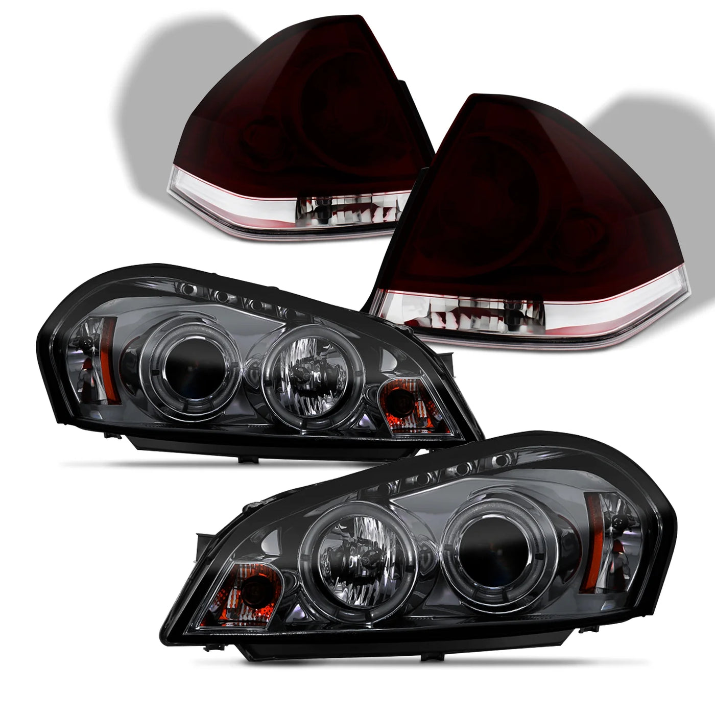 AKKON - For 2006-2013 Chevy Impala / Limited LED Dual Halo DRL Projector Headlights + Red Tail Lamps [Smoke Len Housing]