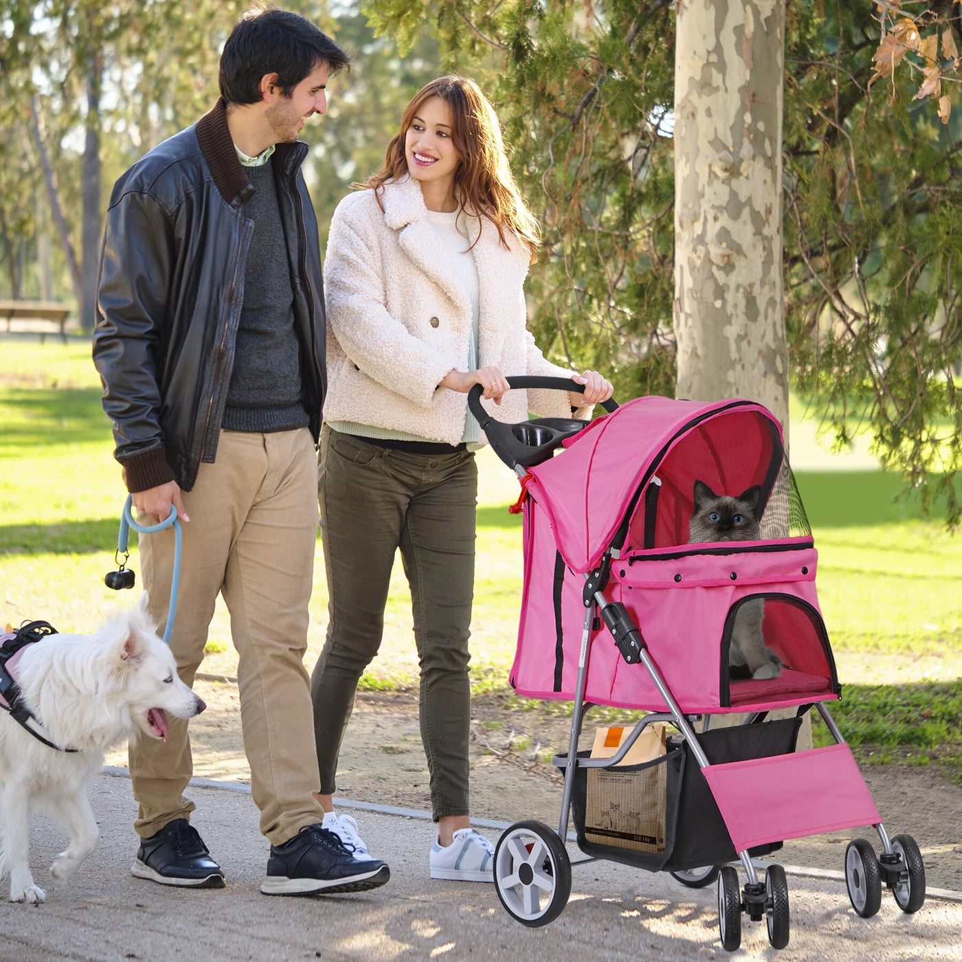 ZENSTYLE 4 Wheels Pet Stroller Foldable Carrier Strolling Cart for Cat Dog w/ Storage Basket Pink