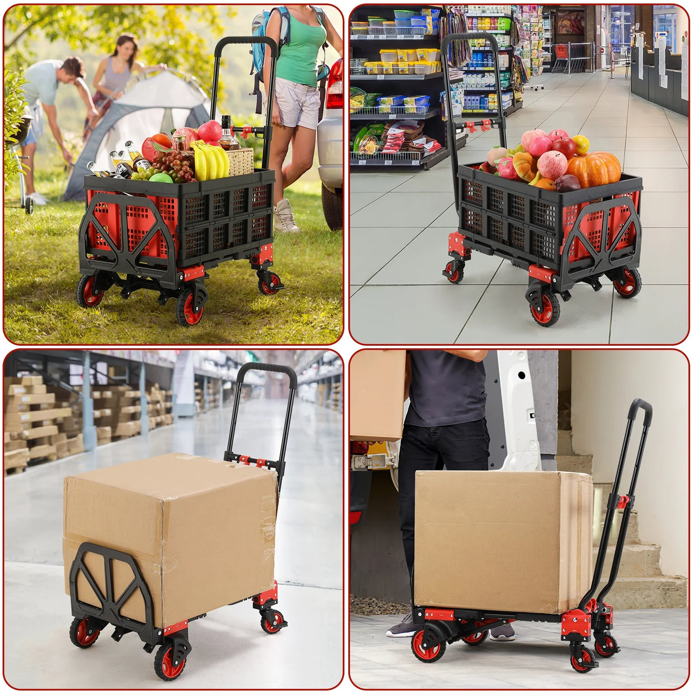 LAZY BUDDY Folding Hand Truck Dolly, 2-in-1 Heavy-duty Platform Cart with 22" Folding Basket, Collapsible Utility Luggage Dolly Cart, Red, 330LBS