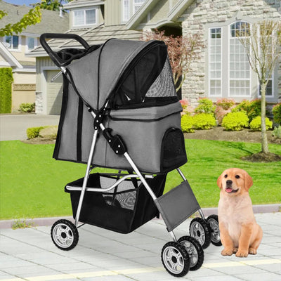 NiamVelo 4 Wheels Dog Stroller Foldable Pet Stroller Dog Cat Jogger Stroller Folding Lightweight Travel Stroller with Cup Holders& Storage Basket for Small Medium Dogs, Grey