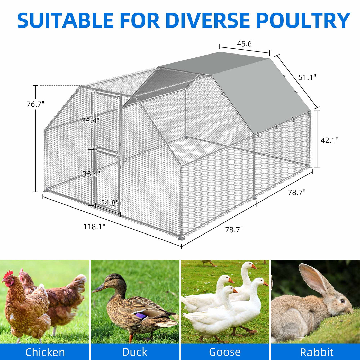 Dextrus Chicken Run Coop 13.1 x 9.8 x 6.4 ft Large Metal Chicken Coop Spire Shaped, Walk-in Hen Cage, Outdoor Poultry Cage with Waterproof Cover and Wire Mesh for Backyard,Yard Outdoor