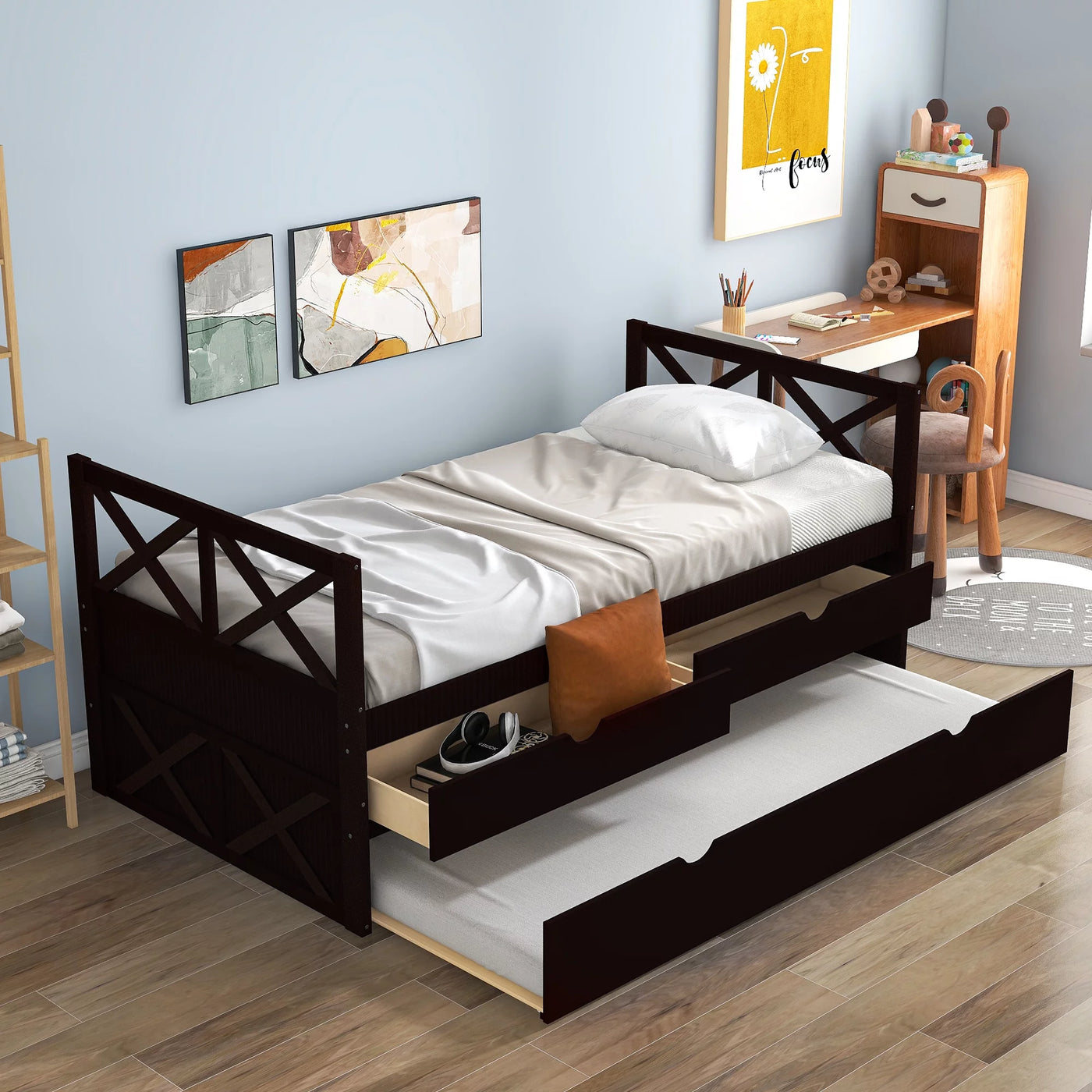 Captain Wood Bed with Trundle and Drawers, Twin for Kids Bedroom, Brown