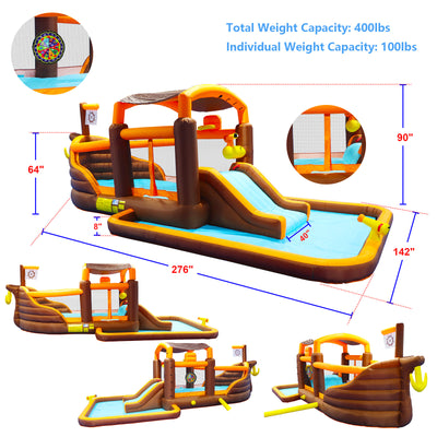 Track 7 Inflatable Water Park,Inflatable Big Bounce House Cruise Ship Pattern Slide Water Park Bouncer with Splash Pool & Basketball & Blower