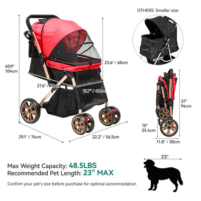 Dextrus Dog Stroller for Medium Small Dogs, Upgraded Version with Larger Room, 4 Wheels Foldable Pet Stroller with 360° Rotation Wheel, Cat Kitty Puppy Stroller with Storage Basket (Red)