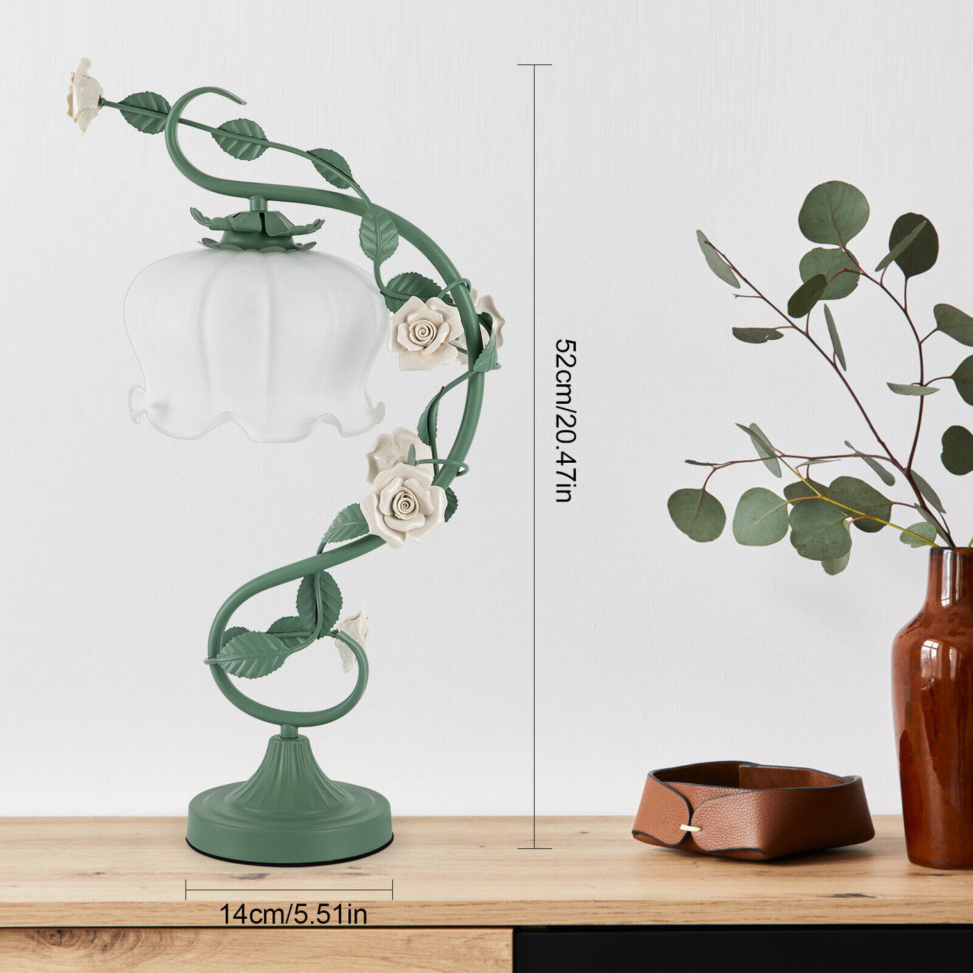 Rose Flower Table Lamp for Bedroom, Stained Glass Desk Lamp Elegant Flower Plug-in Bedside Nightstand Lamp 60W Max Green