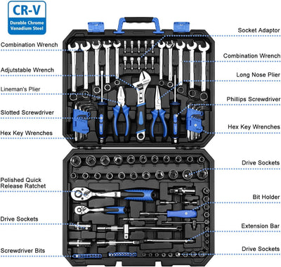 DEKOPRO 118 Piece Tool Kit Professional Auto Repair Tool Set Combination Package Socket Wrench with Most Useful Mechanics Tools