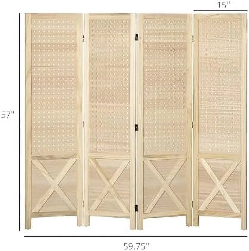 CHFBC 4 Panel Pegboard Display Room Divider 4.7' Tall Wood Indoor Portable Folding Privacy Screen Partition Wall Divider for Home Office Natural