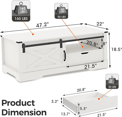 Farmhouse Coffee Table with Storage and Sliding Barn Door, 48'' Rustic Table with Open Shelves, Rectangular Center Table for Living Room, White