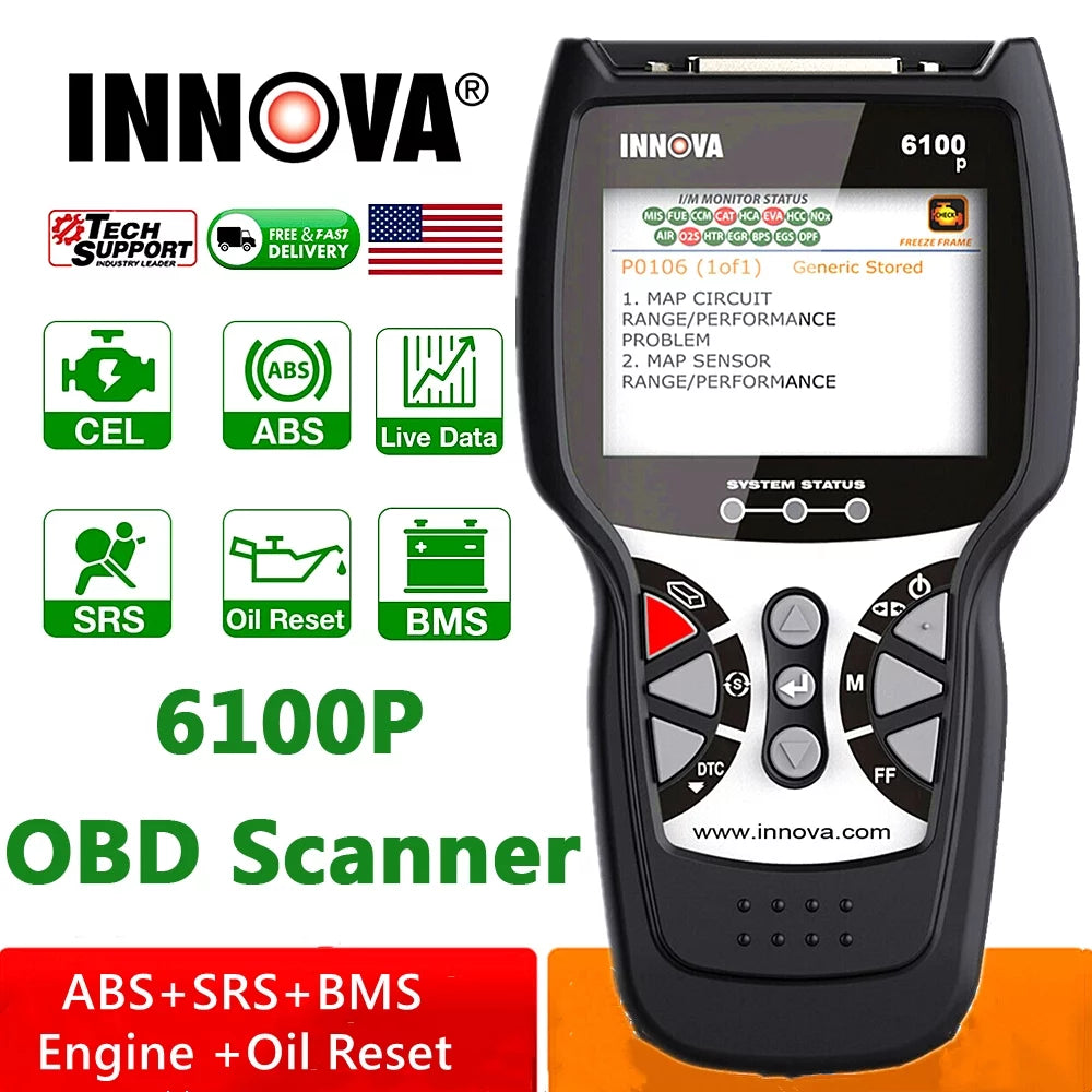 INNOVA 6100P OBD2 Scanner SRS Engine ABS Code Reader Oil Light Reset Automotive Diagnostic Tool for OBDII 12V Cars SUV Minivan Light Truck EOBD OBD Car Live Data Full OBD2 Functions Turn off MIL