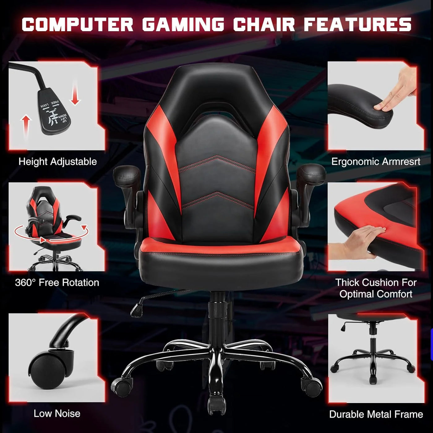 Ergonomic Computer Gaming Chair - Home Office Desk with PU Leather Lumbar Support, Height Adjustable Big and Tall Video Game with Flip-up Armrest, Swivel Wheels for Adults and Teens