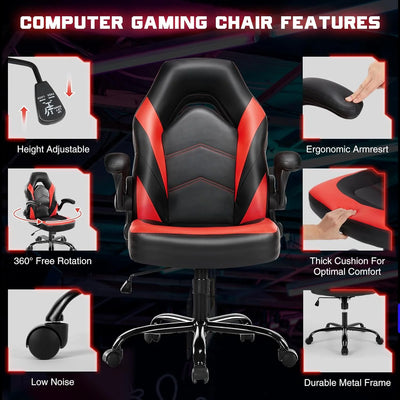 Ergonomic Computer Gaming Chair - Home Office Desk with PU Leather Lumbar Support, Height Adjustable Big and Tall Video Game with Flip-up Armrest, Swivel Wheels for Adults and Teens