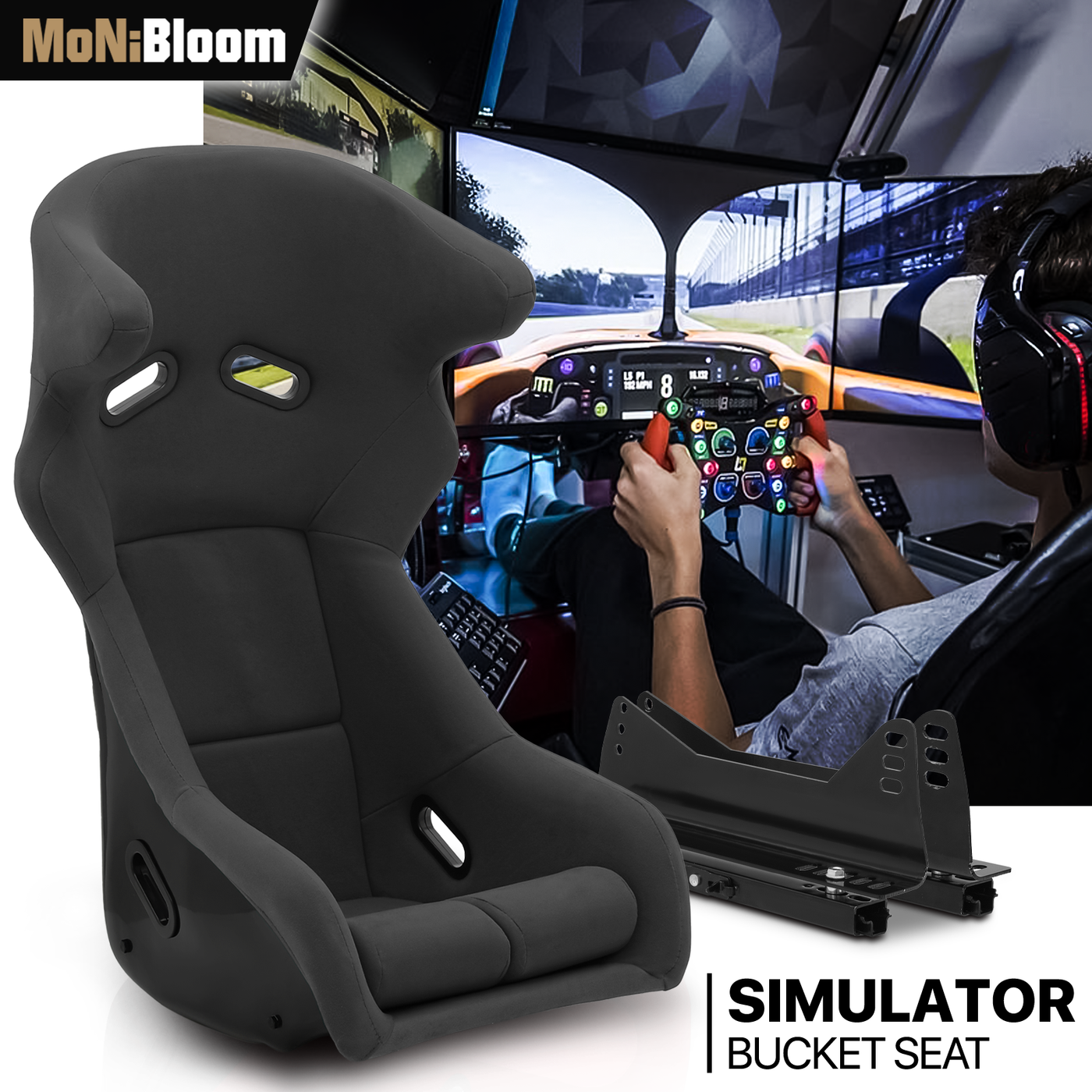 MoNiBloom Racing Bucket Seat, Racing Simulator Game Seat with Adjustable Slide, Racing Seat for Racing Simulator Cockpit Wheel Stand, Black