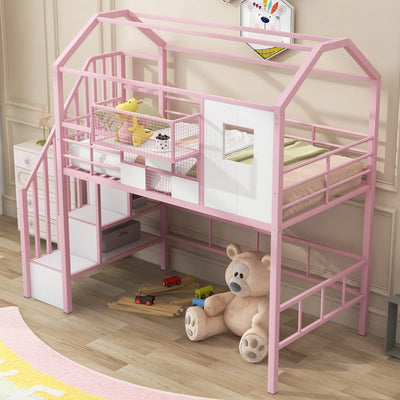 Pink Twin Metal Loft Bed with Unique Roof Design and Convenient Storage Box for Kids‘ Bedroom. Add Charm and Style to Your Child‘s Room with this Space-saving and Chic Furniture Piece.