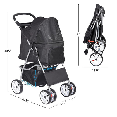 Foldable Pet Stroller, Cat/Dog Stroller with 4 Wheel, Pet Travel Carrier Strolling Cart with Storage Basket, Cup Holder, Black