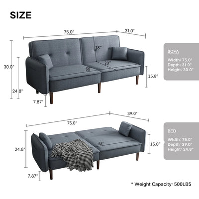 Modern Grey Fabric Futon Sofa Bed with Solid Wood Legs, Convertible Sleeper Sofa with Accent Pillows