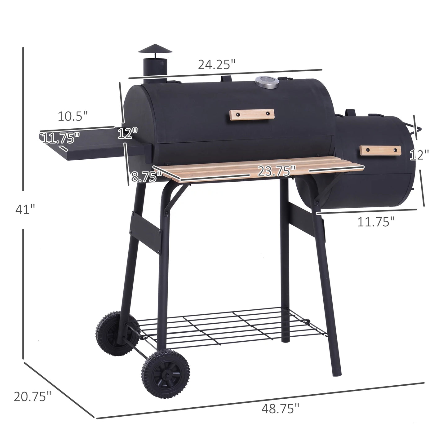 Outsunny 48" Steel Portable Backyard Charcoal BBQ Grill and Offset Smoker Combo