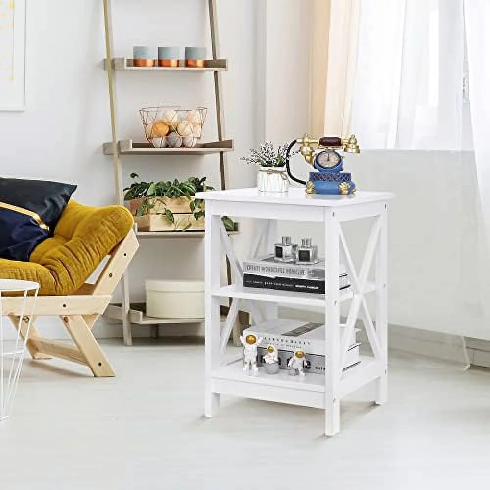 ASDRFYU 3-Tier End/Side/Sofa/Table with Shelves Wooden X-Design Nightstand for Small Space Living Room Bedroom Office Bathroom White