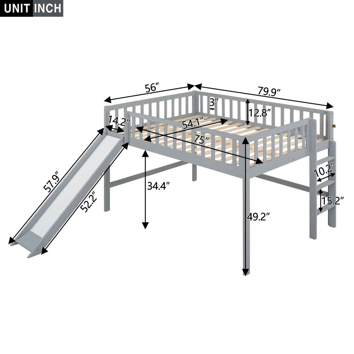 Gray Full Size Low Loft Bed with Fun Ladder and Slide for Kids‘ Bedroom Sturdy and Stylish Design Space-Saving Furniture Solution for Cozy Sleep and Play Area