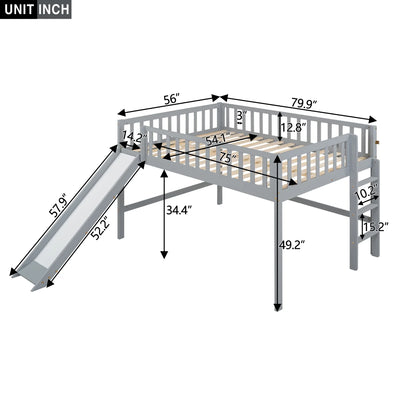 Gray Full Size Low Loft Bed with Fun Ladder and Slide for Kids‘ Bedroom Sturdy and Stylish Design Space-Saving Furniture Solution for Cozy Sleep and Play Area