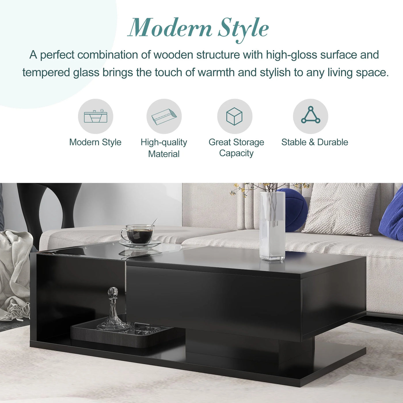 JQCX Modern Coffee Table with Tempered Glass,Wooden Cocktail Table with High-gloss UV Surface,2-Tier Rectangle Center Table for Living Room