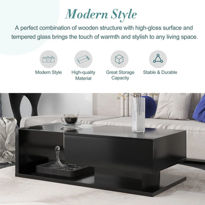 JQCX Modern Coffee Table with Tempered Glass,Wooden Cocktail Table with High-gloss UV Surface,2-Tier Rectangle Center Table for Living Room