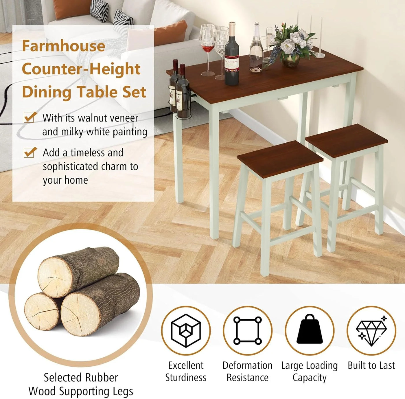 3-Piece Bar Table Set - Counter Height Pub Table w/ 2 Stools, 2 Wine Holders, Rubber Wooden Legs, Space-Saving Dinette Table Set for Bar, Kitchen, Living Room, Cream White & Walnut