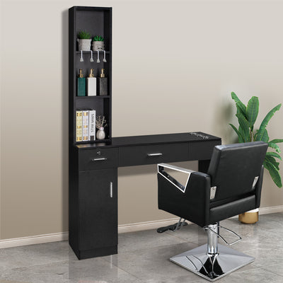 OmySalon Barber Station Wall Mount Salon Hair Styling Beauty Spa Equipment with 2 Drawers, 1 Storage Cabinet, 3 Open Shelves (Black)