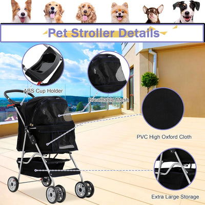 Dog Stroller Folding Pet Stroller 4 Wheels Cat Stroller Foldable Stroller Waterproof Travel Carrier Strolling Cart for Puppy Jogger Stroller W/Cup Holder & Storage Basket, Black