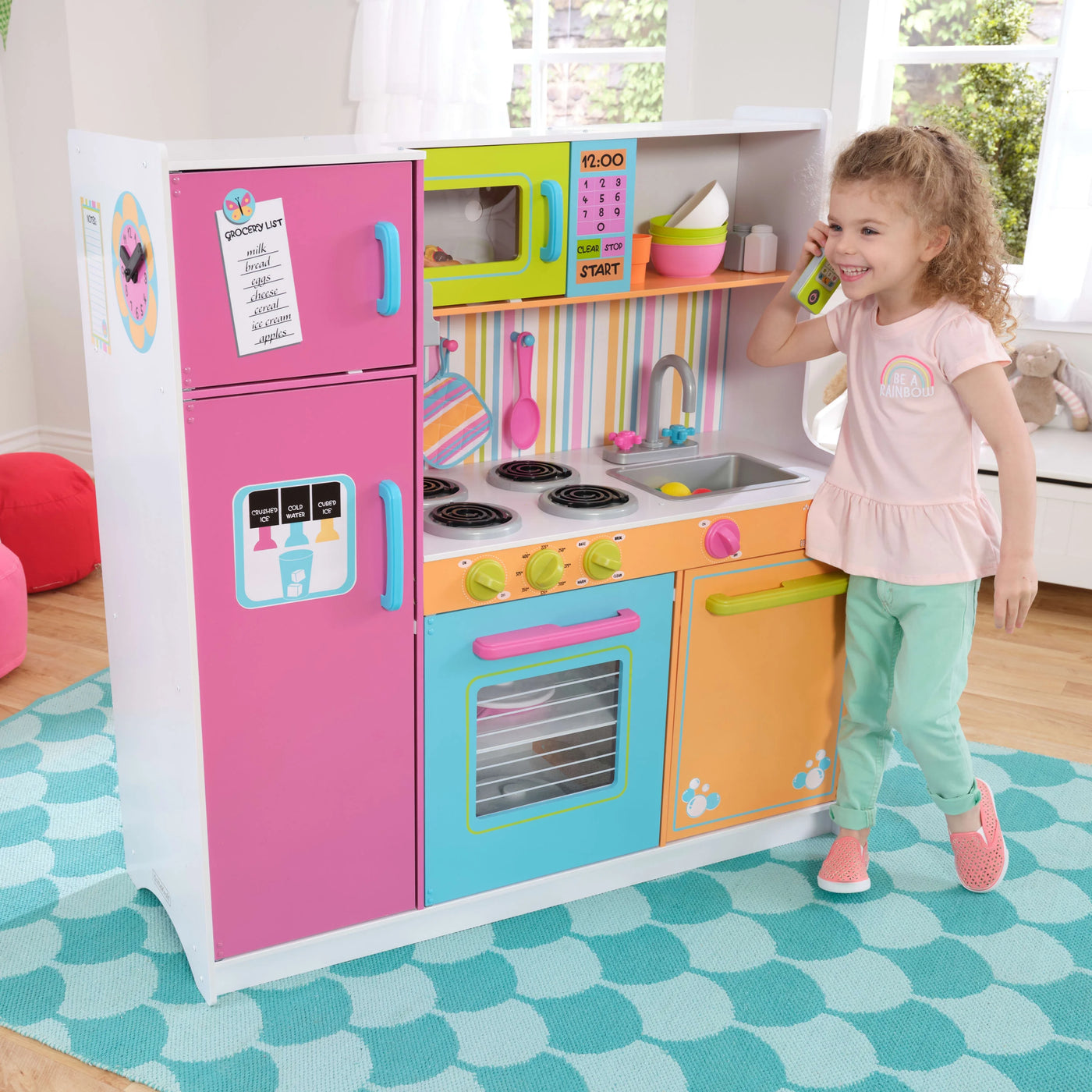 KidKraft Deluxe Big and Bright Wooden Play Kitchen for Kids, Neon Colors