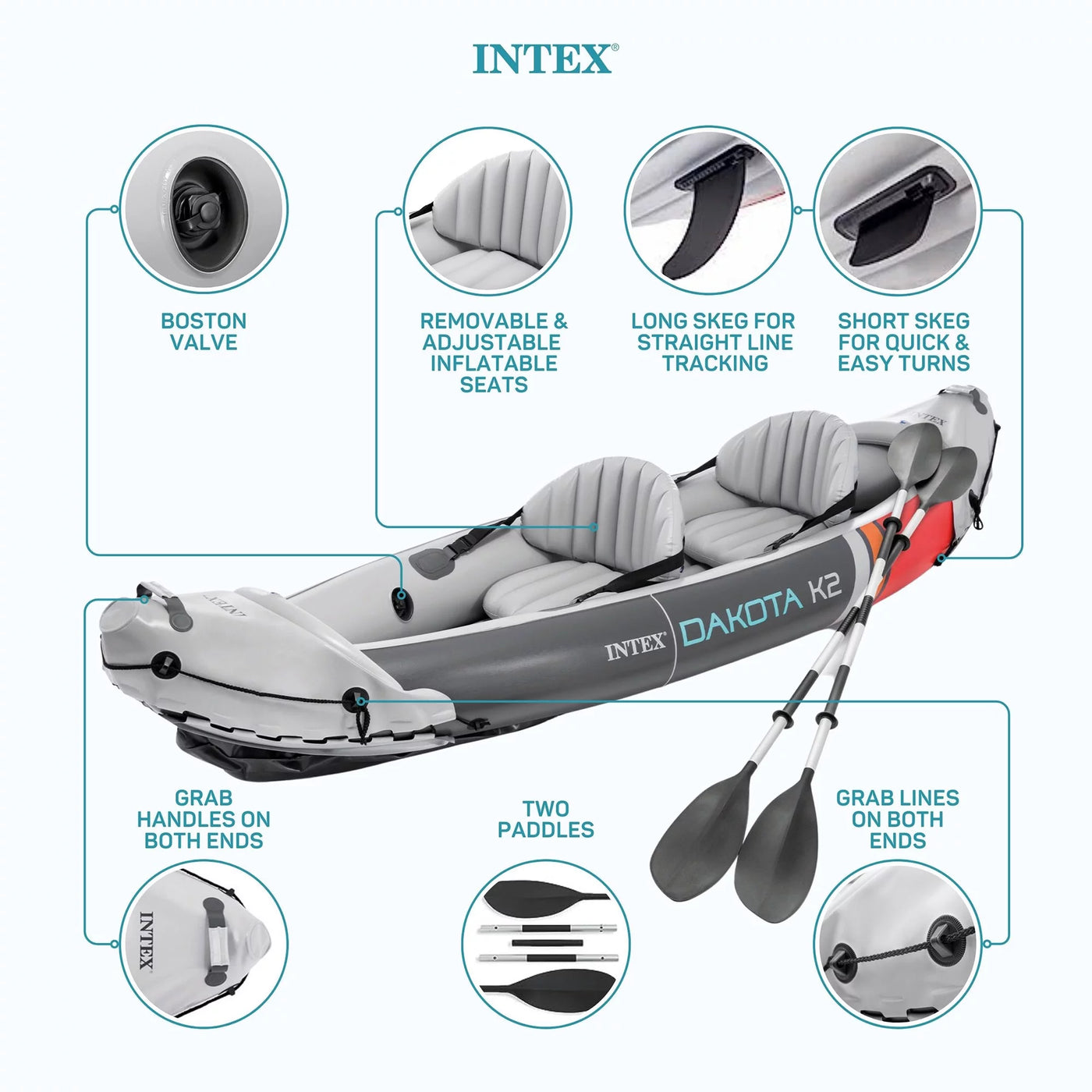 Open Box Intex Dakota K2 2 Person Vinyl Inflatable Kayak with Oars and Pump