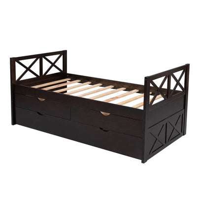 Captain Wood Bed with Trundle and Drawers, Twin for Kids Bedroom, Brown