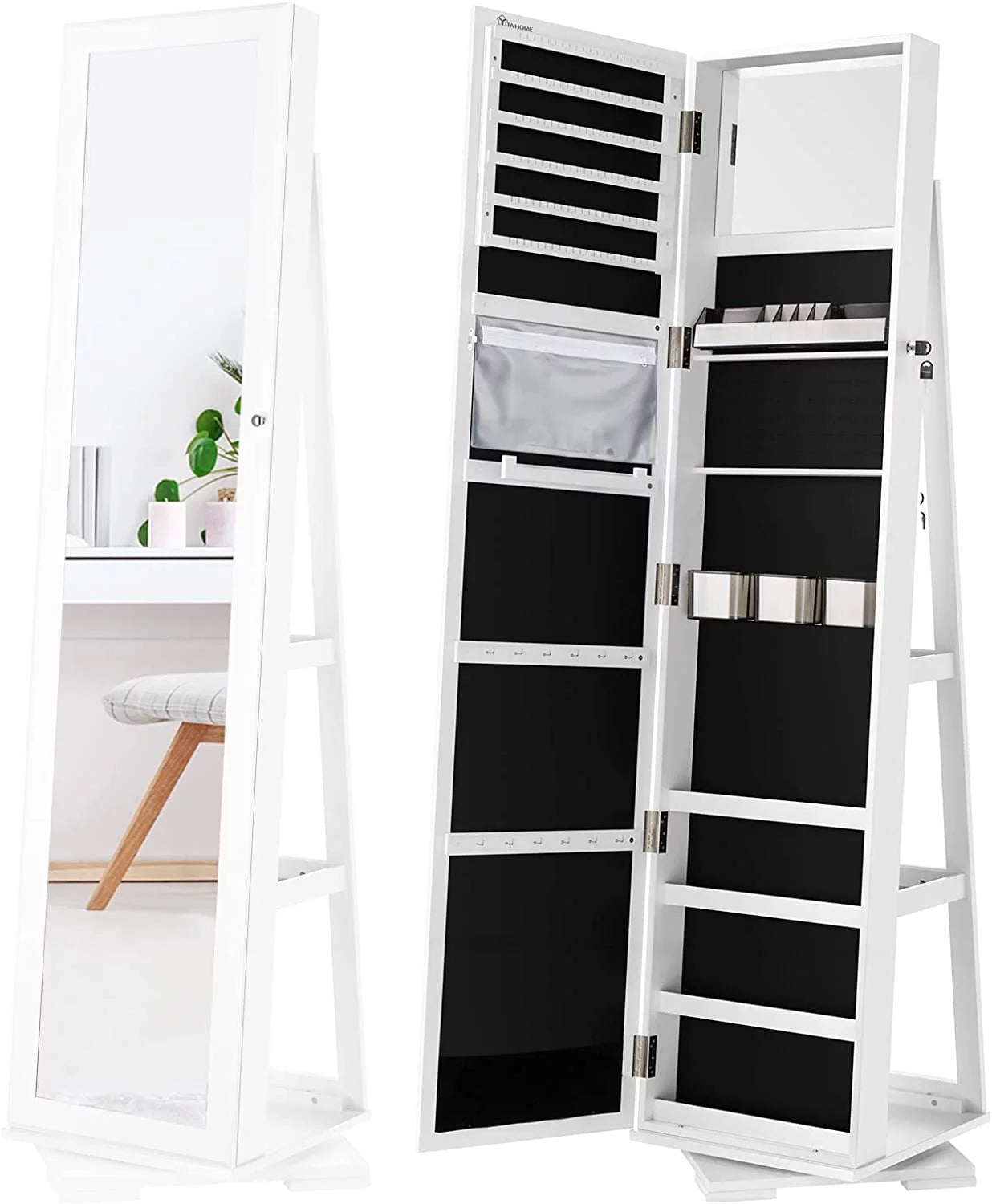 Dextrus 360° Swivel Jewelry Cabinet, Lockable Standing Jewelry Armoire with Full-Length Mirror, Rear Storage Shelves, White