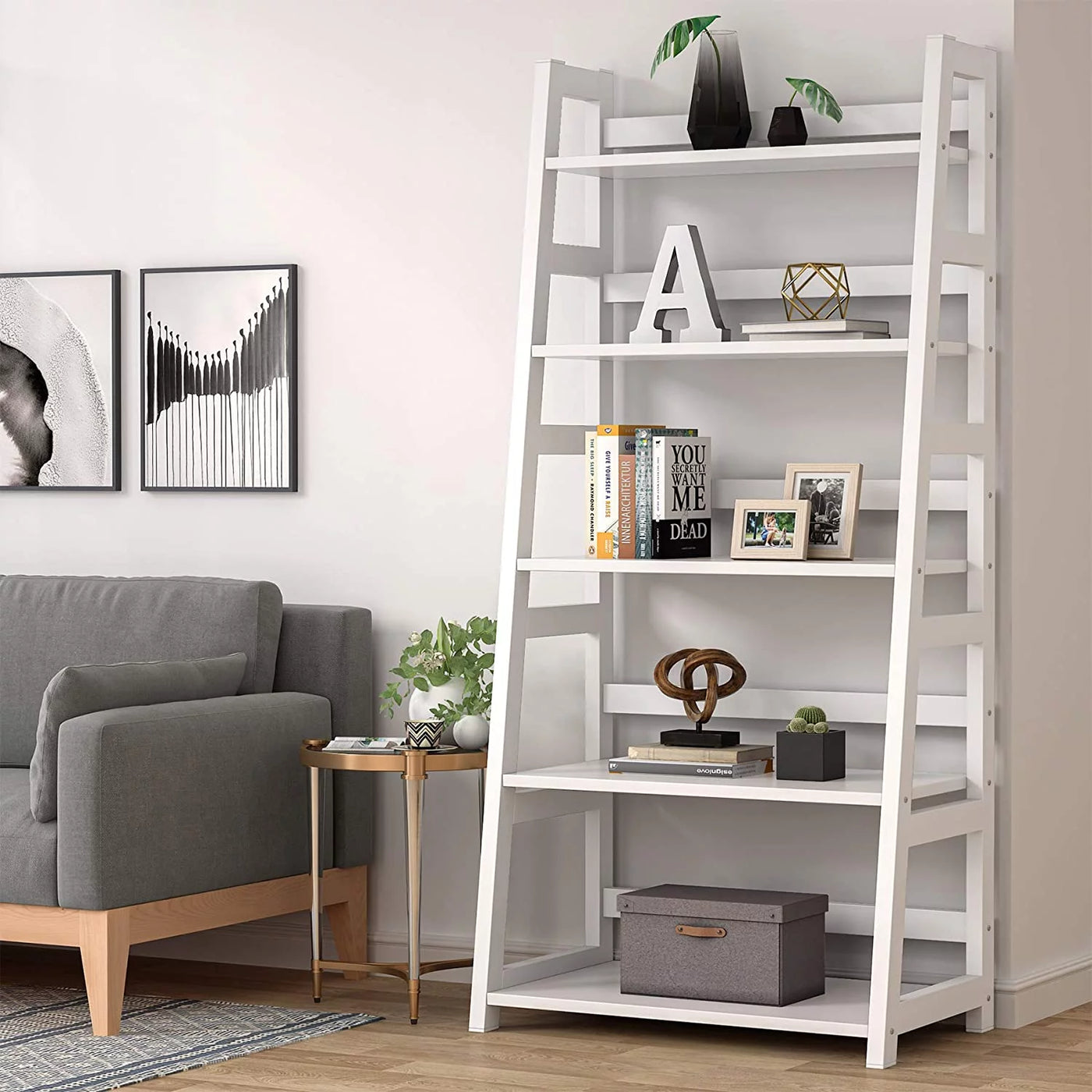 5-Tier Ladder Bookshelf Bookcase, 5 Shelf Ladder Shelves for Living Room Home Office