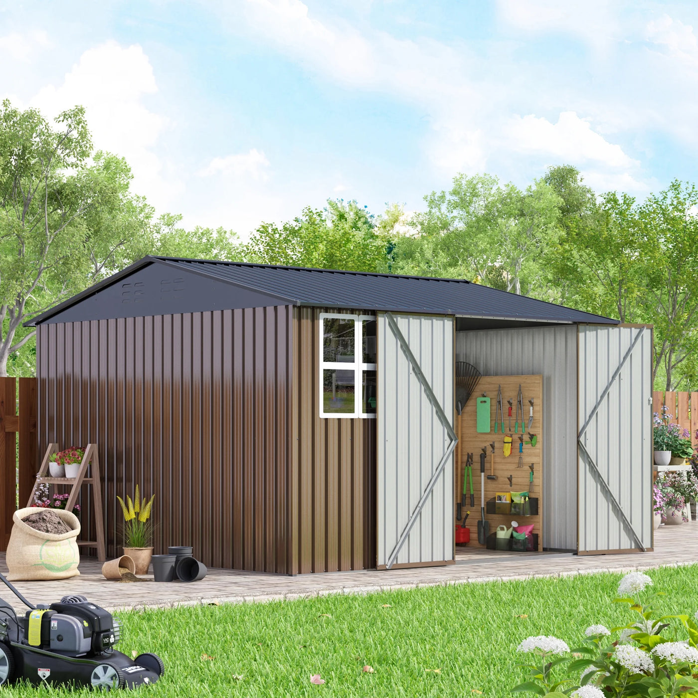 JAXPETY 10 x 10 ft Outdoor Metal Storage Shed with Window & Lockable Door for Garden, Backyard, Tool Storage Use, Brown