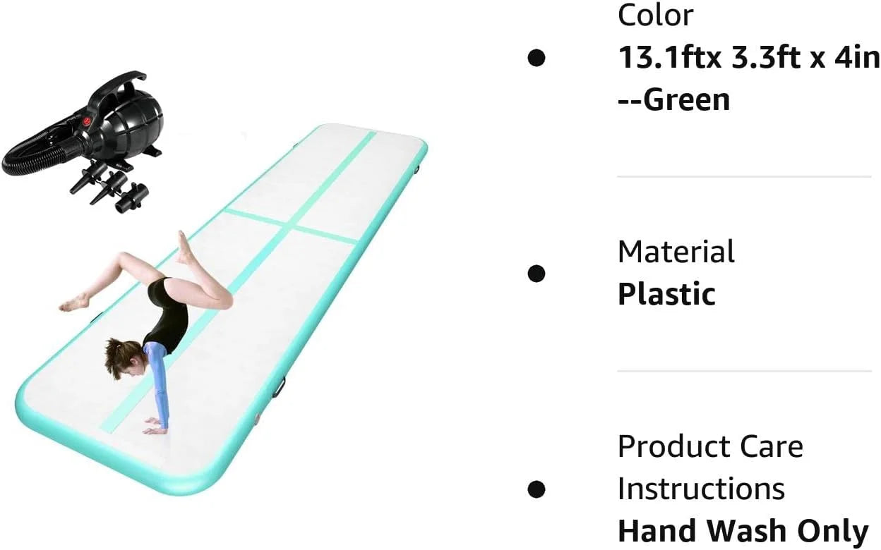 Inflatable Gymnastics Mat Tumble Track Air Tumbling Mat Floating Water Mat 10FT/13FT/16FT 4 inches Thickness for Home Use Tumbling, Training, Cheerleading,Yoga,Water Lake with Electric Air Pump