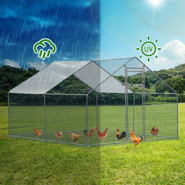 Al Fresco 10 x 10 ft Large Metal Chicken Run, Walk-in Poultry Cage, Spire-Shaped Chicken Coop with Waterproof and Anti-Ultraviolet Cover for Hen House, Duck and Rabbit, Silver