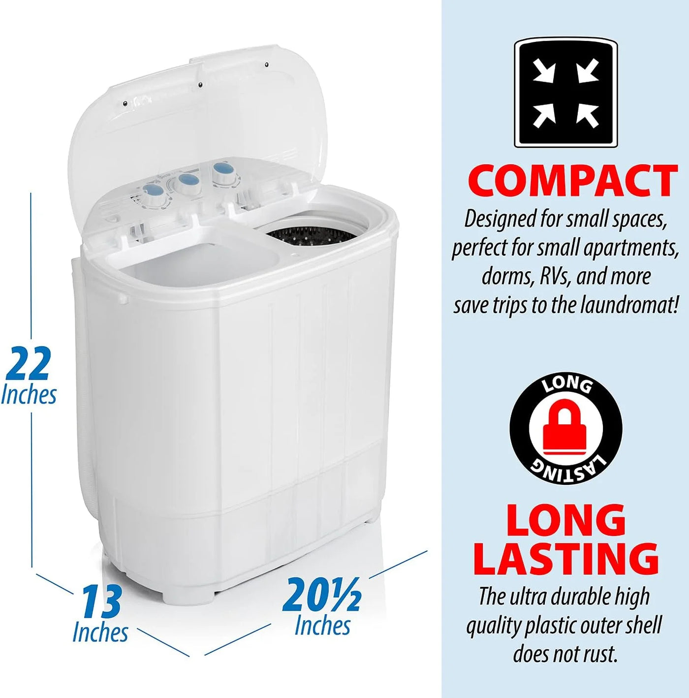 Home Compact Washing Machine with Twin Tub for Wash and Spin Dry, Portable, Built-in Gravity Drainage System, Agitation Wash Cycles, Use Less Soap and Water, for Dorms, Apartments, RVs