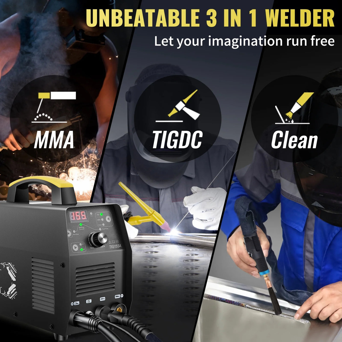 SKYSHALO 155Amp 3 in 1, TIG Welder, 110V High Frequency TIG/Stick/Clean Welding Machine w/ IGBT Inverter, Digital Arc Welder with Torch l, Iron, Mild Steel, Copper, and Nickel