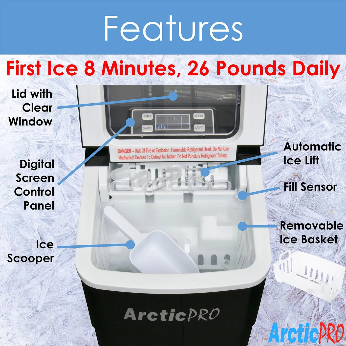 PORTABLE DIGITAL ICE MAKER MACHINE by Arctic-Pro with Ice Scoop, First Ice in 6-8 Minutes, 26 Pounds Daily, Great for Kitchens, Tailgating, Bars, Party, Small/Large Cubes, Black, 11.5x8.7x12.5 Inches