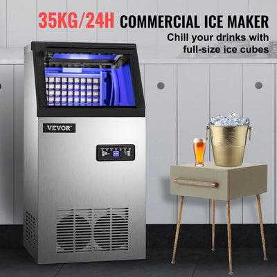 SKYSHALO 110V Commercial Ice Maker 120lbs/24h with 29lbs Storage 5x9 Cubes Stainless Steel Auto Clean for Bar Home Supermarkets Includes Scoop and Connection Hose