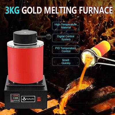 TOAUTO 3KG 1400W Digital Electric Gold Melting Furnace, 2000F, with Graphite Crucible, 110V for Scrap Silver, Copper, Aluminum