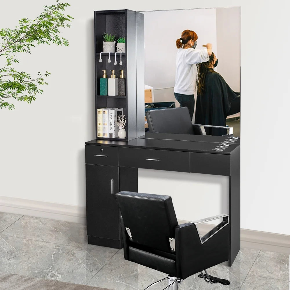 OmySalon Barber Station Wall Mount Salon Hair Styling Beauty Spa Equipment W/Mirror, 2 Drawers, 1 Storage Cabinet, 3 Open Shelves (Black)