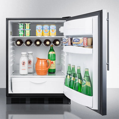 ADA compliant built-in undercounter all-refrigerator for residential use, auto defrost with stainless steel wrapped door, thin handle, and black cabinet