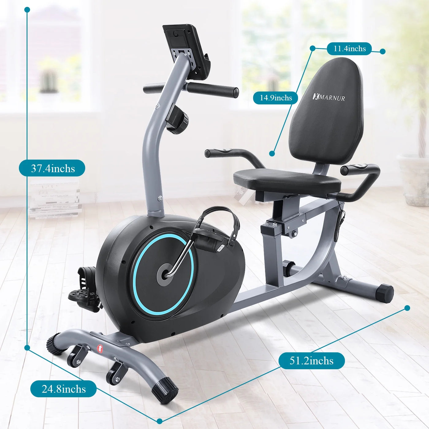 MARNUR Recumbent Exercise Bike with 8 Levels Adjustable Resistance, LCD Monitor, Pad Holder, Wheels